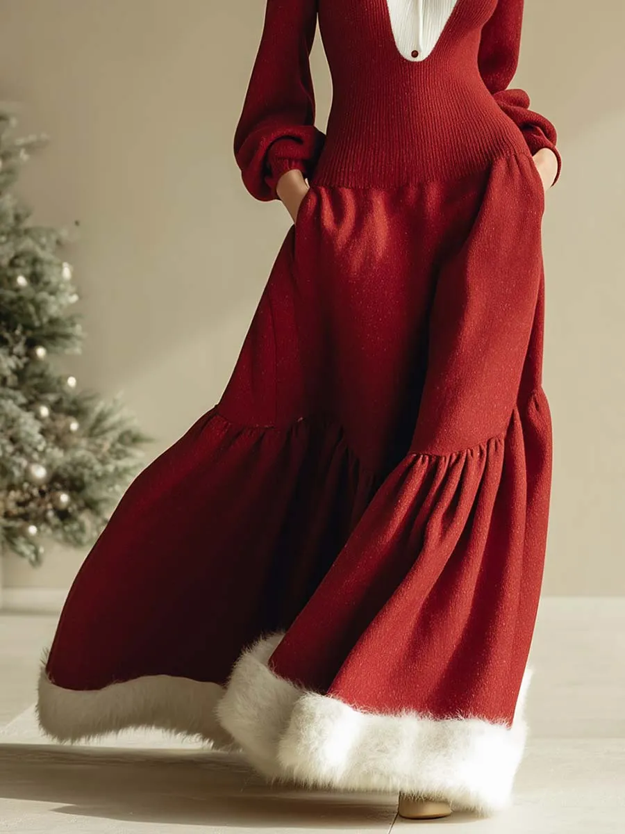 Retro Fashion Warm Hooded Front Button Knitted Stitching Woolen Bubble Hem Red Maxi Dress sold by Oyrosy product image thumbnail 4