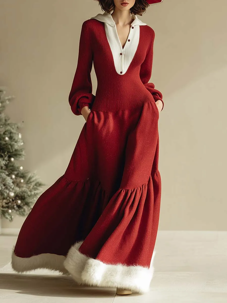 Retro Fashion Warm Hooded Front Button Knitted Stitching Woolen Bubble Hem Red Maxi Dress sold by Oyrosy product image thumbnail 2