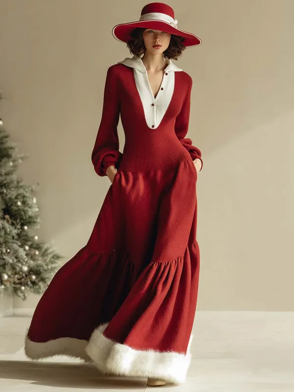 Retro Fashion Warm Hooded Front Button Knitted Stitching Woolen Bubble Hem Red Maxi Dress sold by Oyrosy