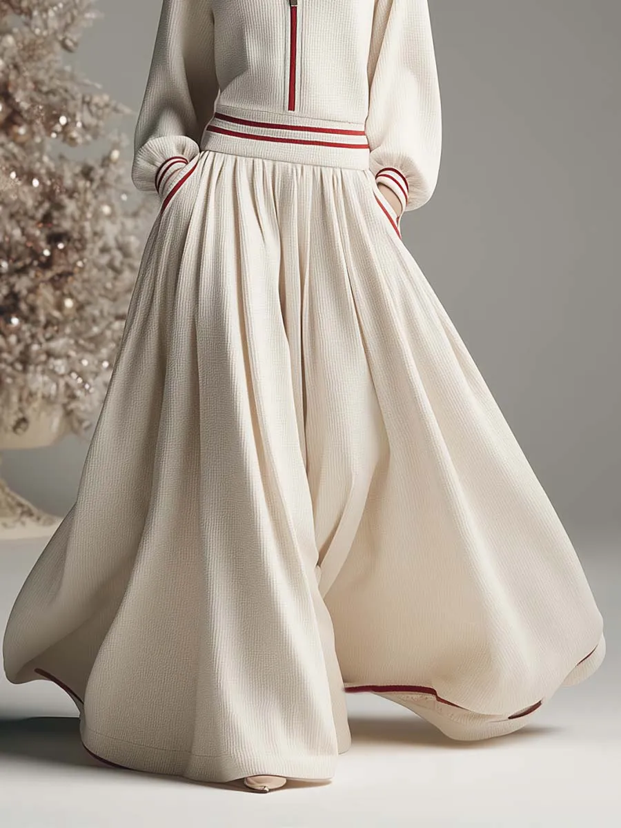 Elegant And Fashionable Lapel Front Zipper Red Trim Bubble Hem Cream Knitted Maxi Dress sold by Oyrosy product image thumbnail 3