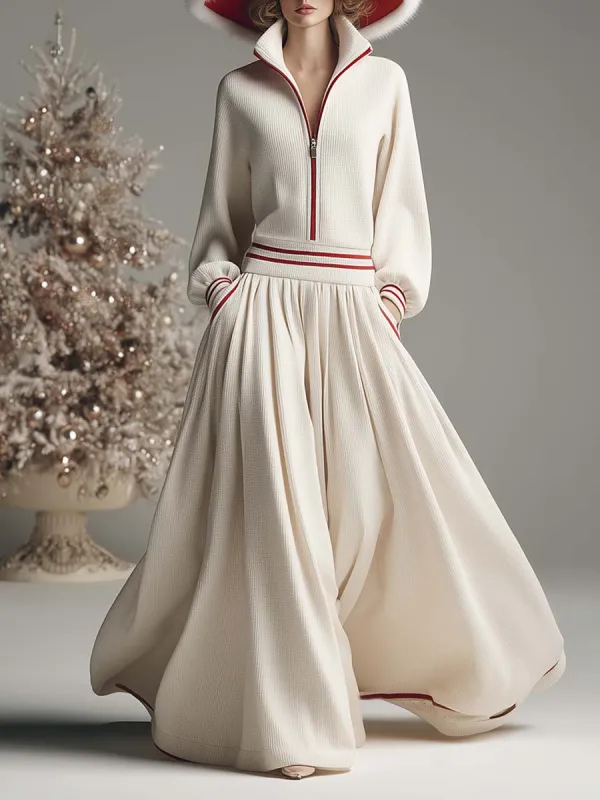 Elegant And Fashionable Lapel Front Zipper Red Trim Bubble Hem Cream Knitted Maxi Dress sold by Oyrosy