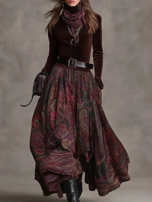 Retro Elegant Brown Wine Red Textured Velvet Patchwork Printed High Collar Maxi Dress sold by Oyrosy