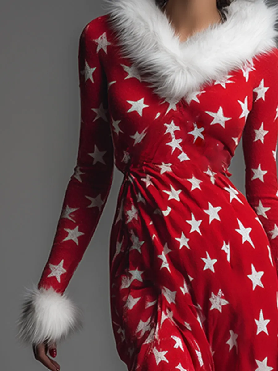 Fashionable Retro Faux Fur Trim V-neck Star Print Red Sweatshirt Maxi Dress sold by Oyrosy product image thumbnail 3