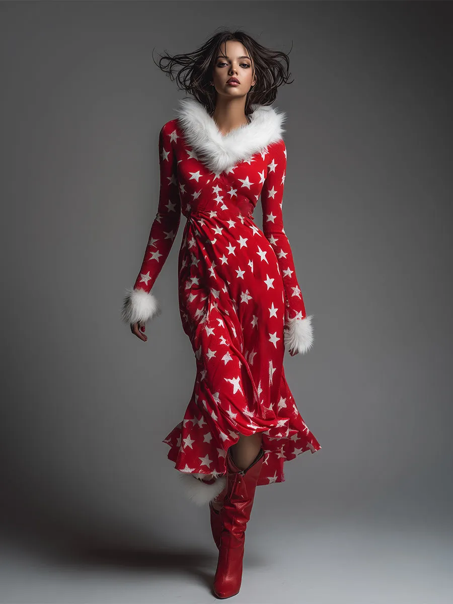 Fashionable Retro Faux Fur Trim V-neck Star Print Red Sweatshirt Maxi Dress sold by Oyrosy product image thumbnail 2