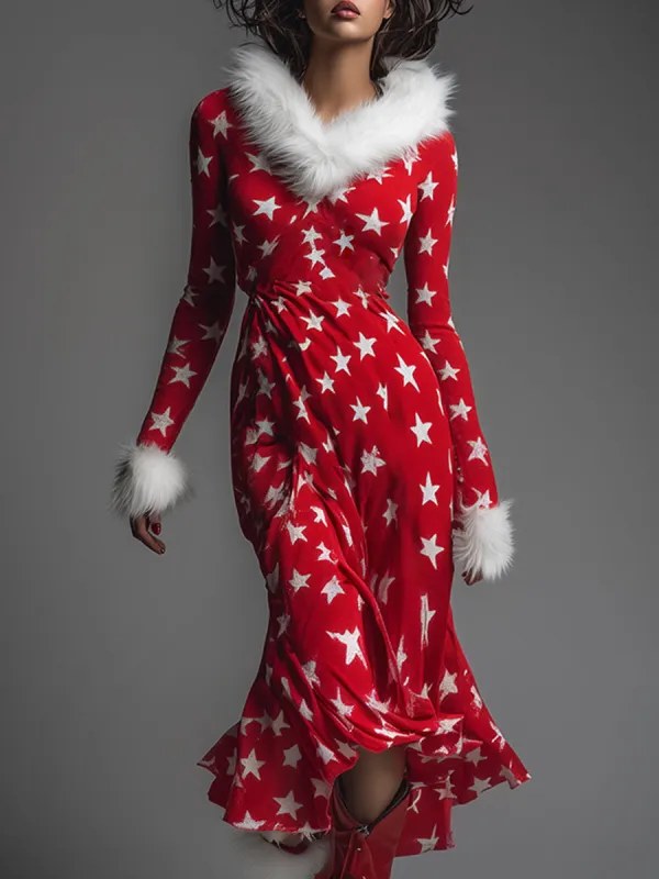 Fashionable Retro Faux Fur Trim V-neck Star Print Red Sweatshirt Maxi Dress sold by Oyrosy