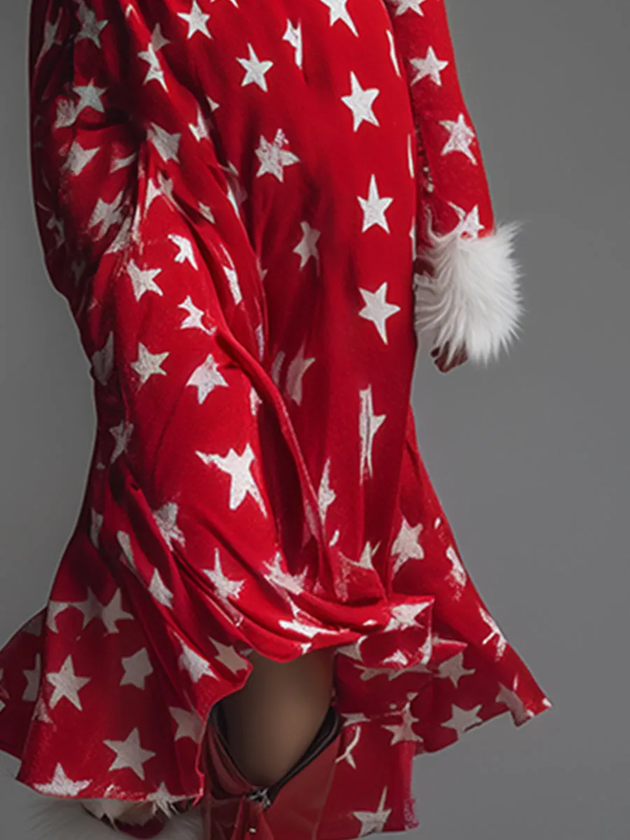 Fashionable Retro Faux Fur Trim V-neck Star Print Red Sweatshirt Maxi Dress sold by Oyrosy product image thumbnail 4