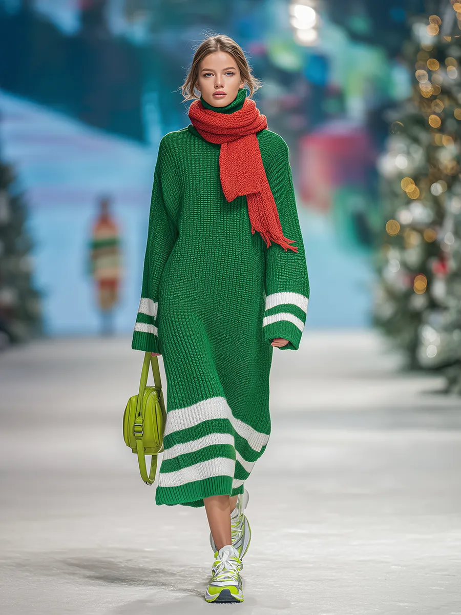 Retro Urban Fashion Turtleneck Knitted Maxi Dress sold by Oyrosy product image thumbnail 2