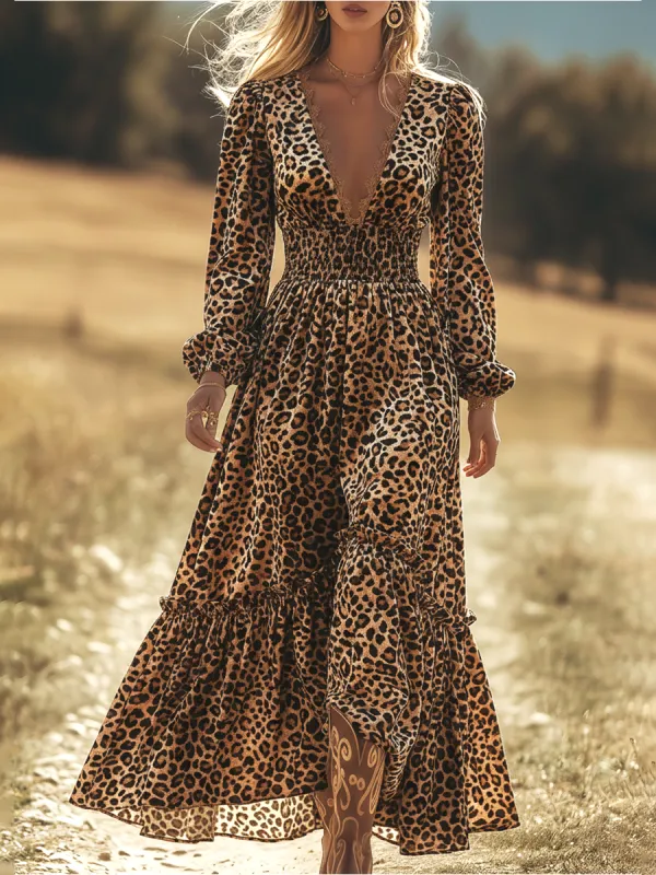 Urban Elegance Retro Leopard Print Faux Suede Maxi Dress sold by Oyrosy