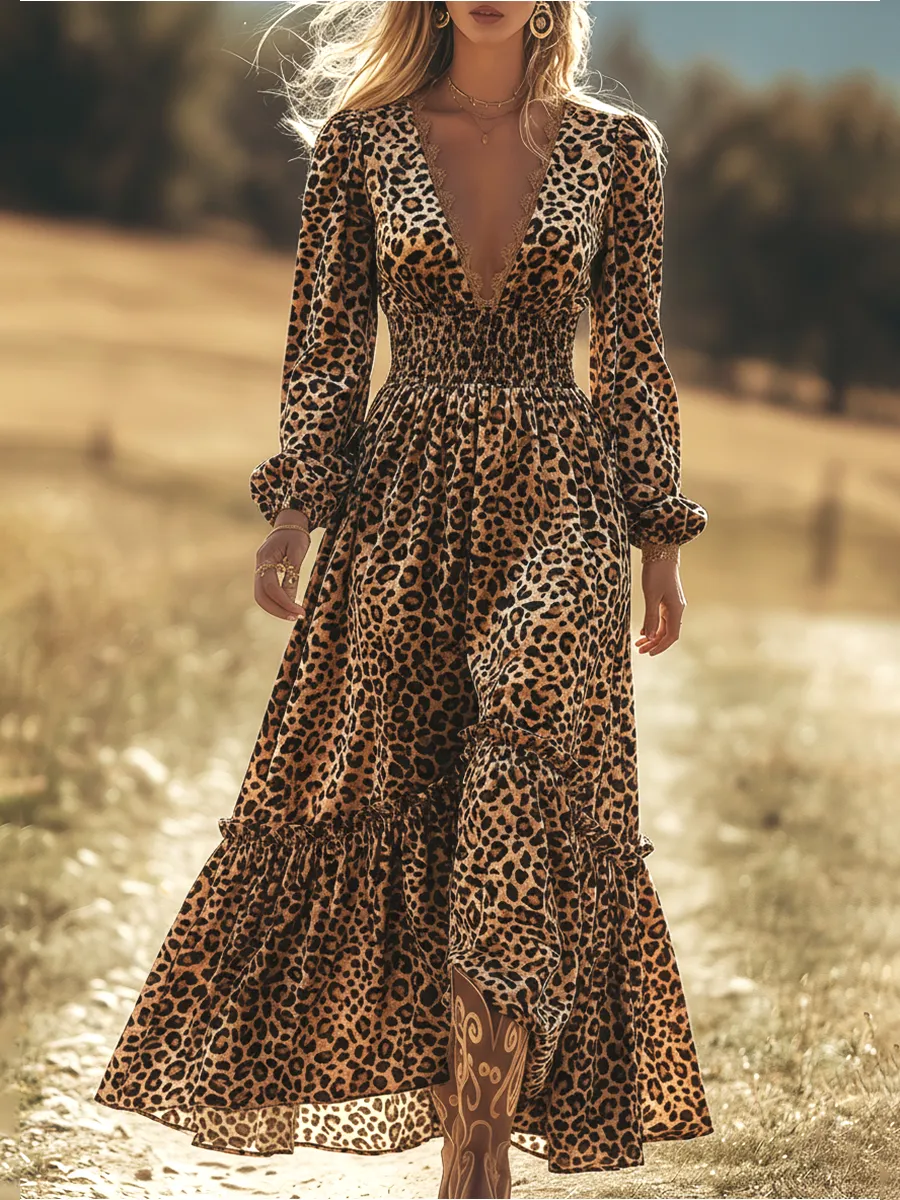 Urban Elegance Retro Leopard Print Faux Suede Maxi Dress sold by Oyrosy