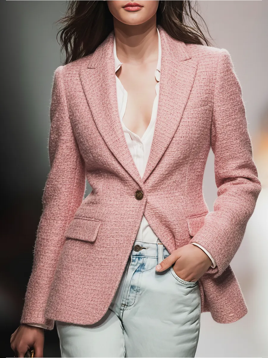 Urban Elegant Solid Color Multi-pocket Tweed Blazer sold by Oyrosy