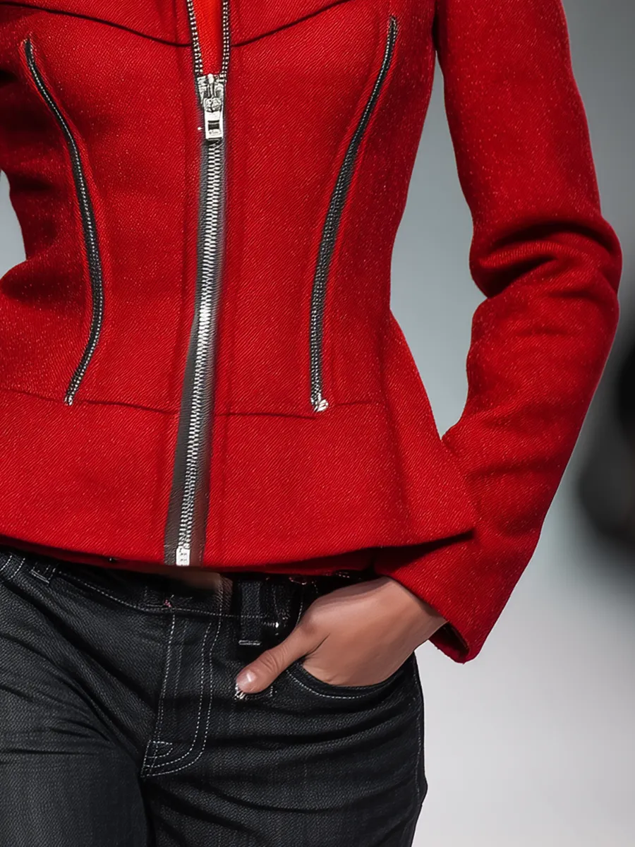 Urban Elegant Vintage Zipper Stand Collar Jacket sold by Oyrosy product image thumbnail 4