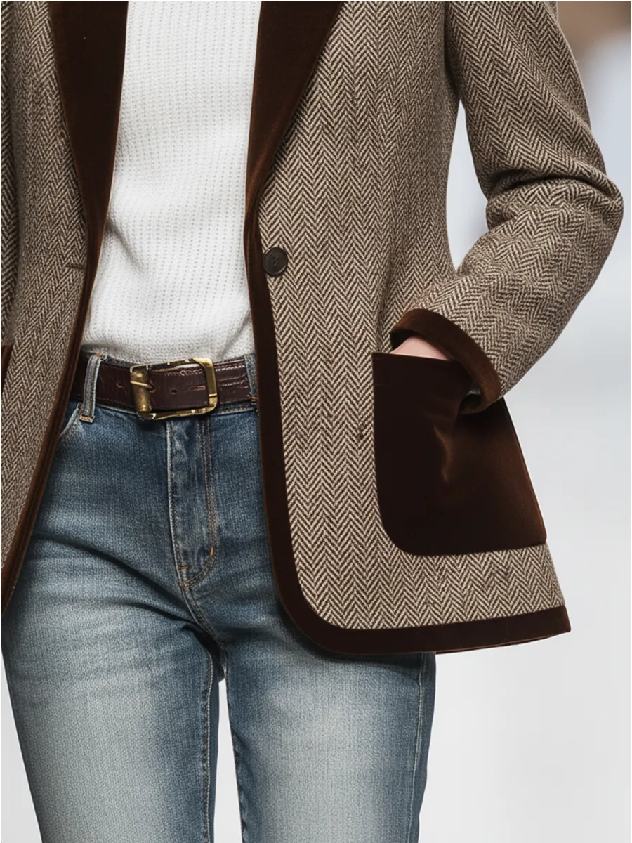 Vintage Velvet Lapel Multi-pocket Herringbone Blazer sold by Oyrosy product image thumbnail 4