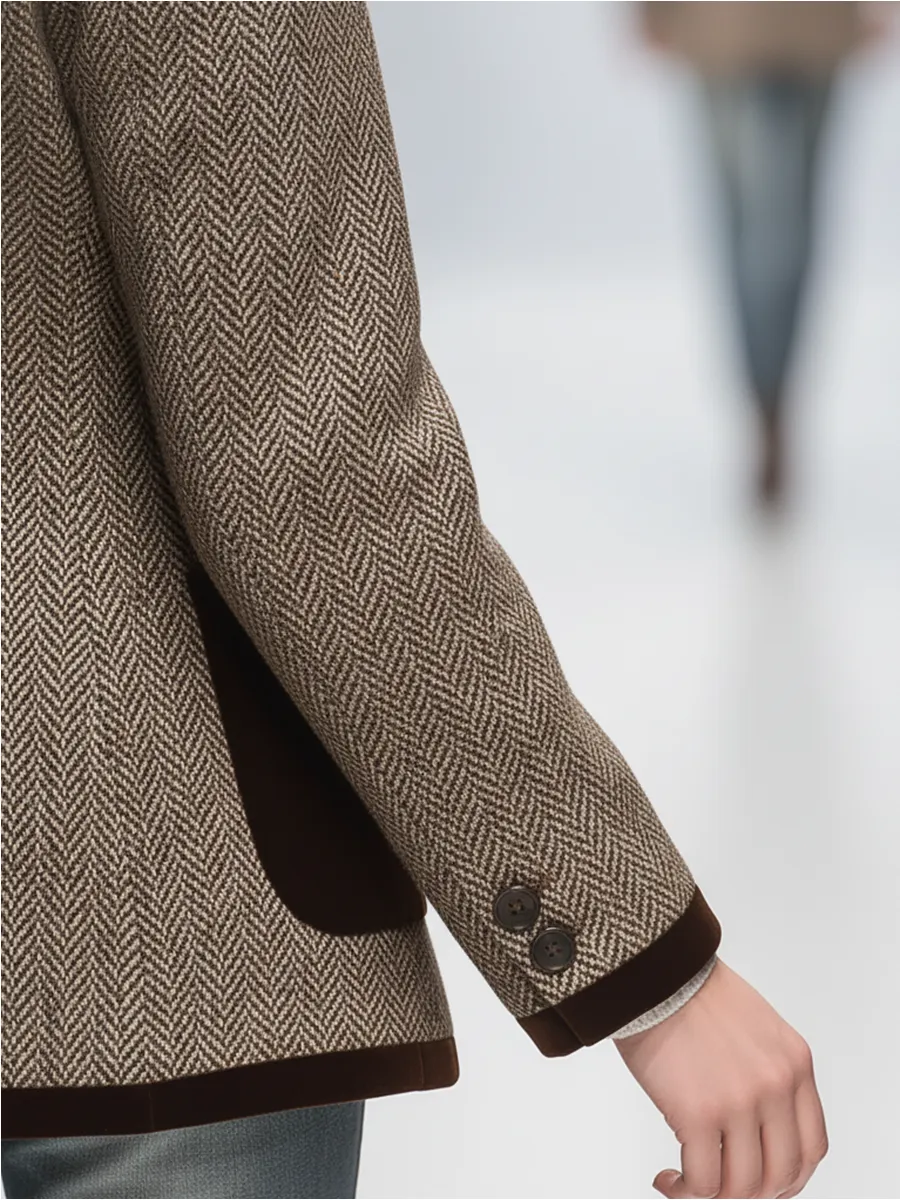 Vintage Velvet Lapel Multi-pocket Herringbone Blazer sold by Oyrosy product image thumbnail 5