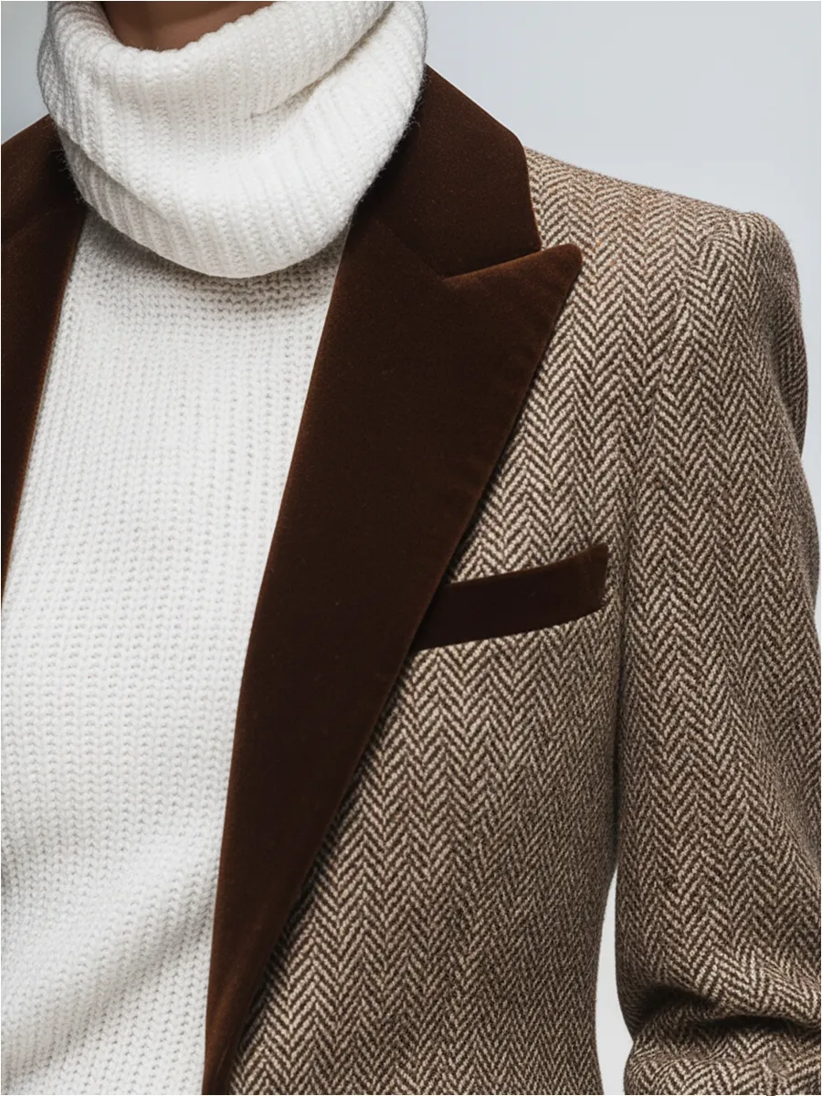 Vintage Velvet Lapel Multi-pocket Herringbone Blazer sold by Oyrosy product image thumbnail 3