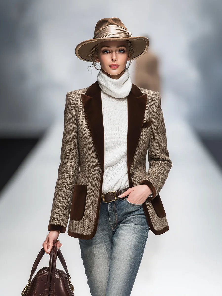 Vintage Velvet Lapel Multi-pocket Herringbone Blazer sold by Oyrosy product image thumbnail 2