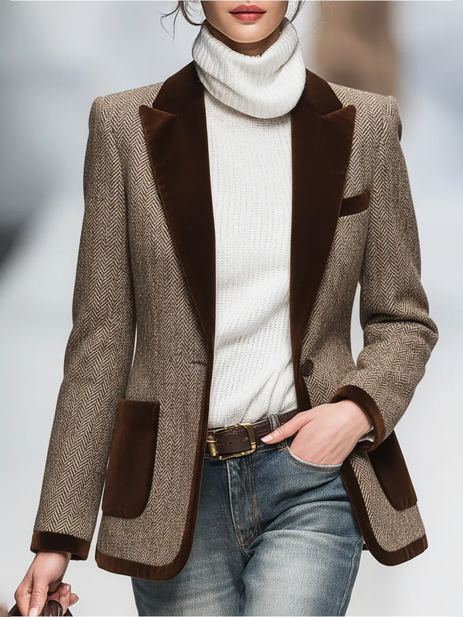 Vintage Velvet Lapel Multi-pocket Herringbone Blazer sold by Oyrosy