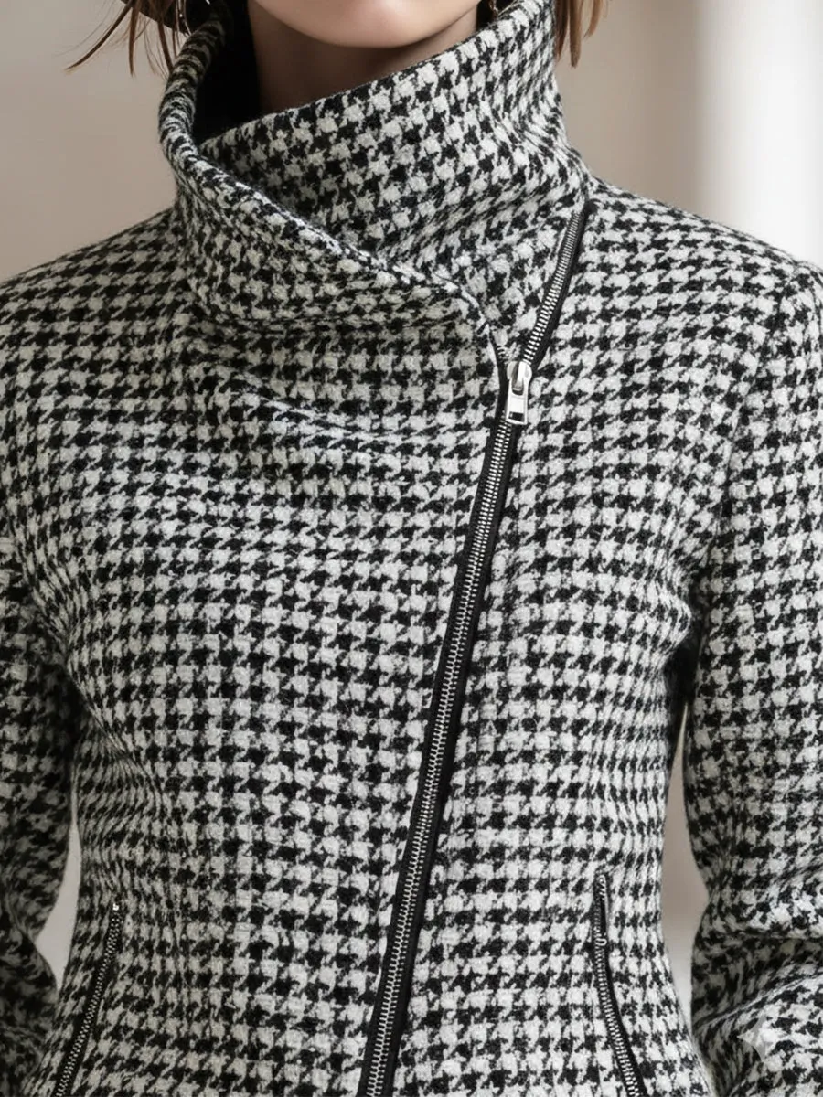 Fashionable And Classic White Houndstooth High Collar Oblique Zipper Woolen Jacket sold by Oyrosy product image thumbnail 3