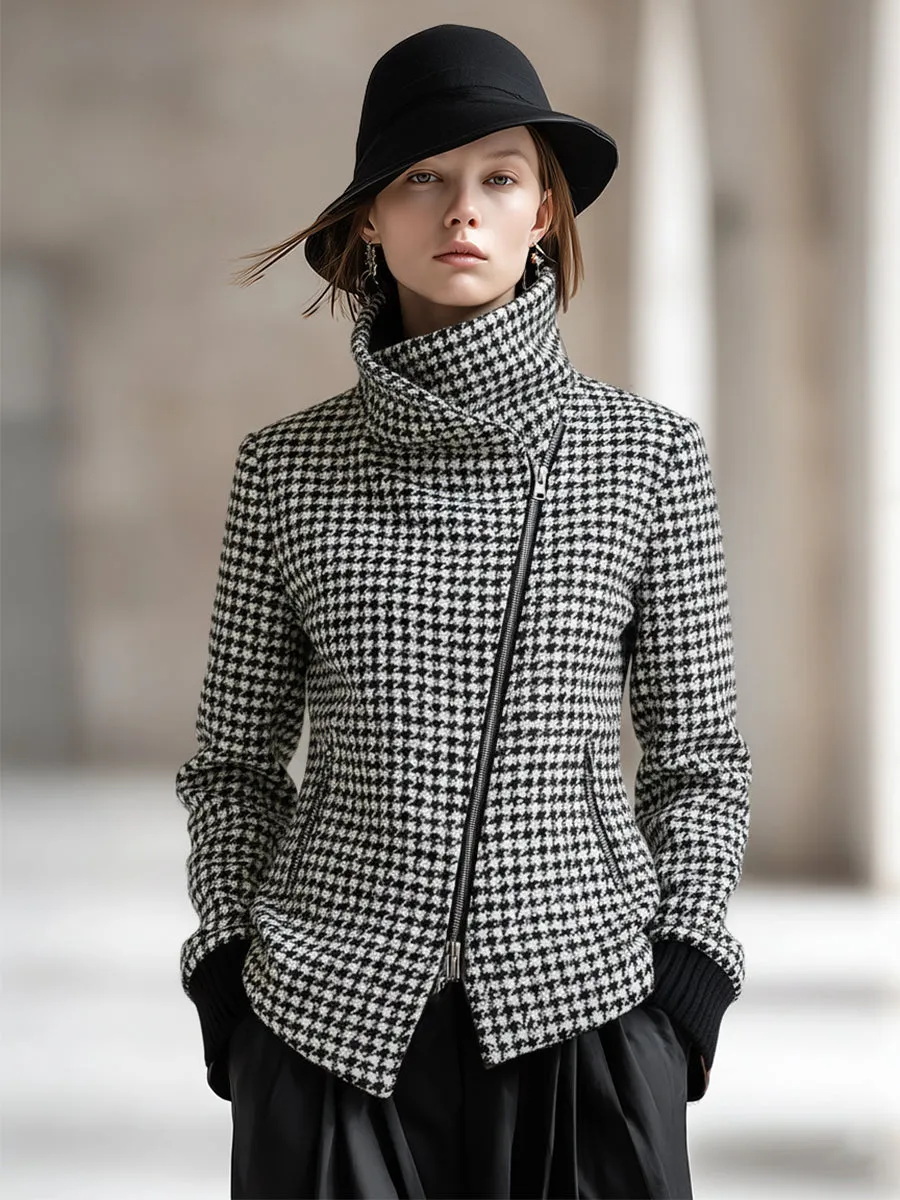 Fashionable And Classic White Houndstooth High Collar Oblique Zipper Woolen Jacket sold by Oyrosy product image thumbnail 2