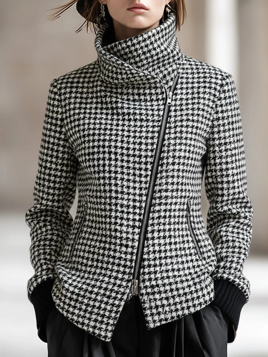Fashionable And Classic White Houndstooth High Collar Oblique Zipper Woolen Jacket sold by Oyrosy