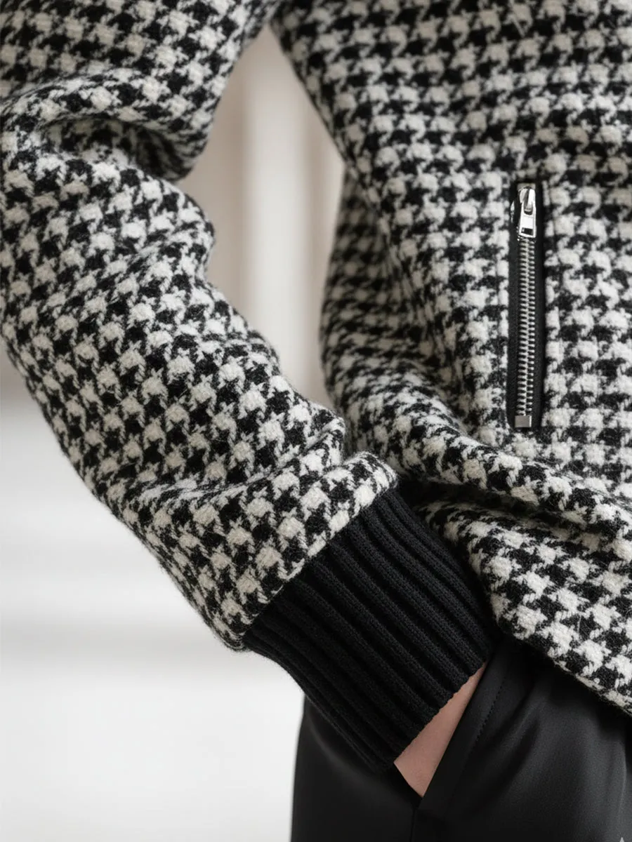 Fashionable And Classic White Houndstooth High Collar Oblique Zipper Woolen Jacket sold by Oyrosy product image thumbnail 4