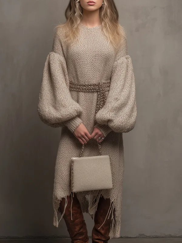 Elegant Knitted Light Brown Lantern Sleeve Brushed Midi Sweater Dress sold by Oyrosy