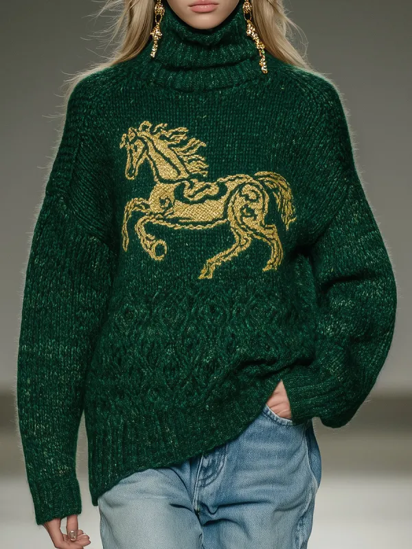 Fashionable Green Turtleneck With Horse Pattern On Chest Sweater sold by Oyrosy