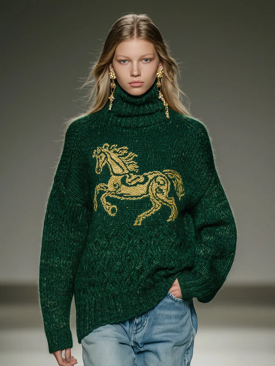 Fashionable Green Turtleneck With Horse Pattern On Chest Sweater sold by Oyrosy product image thumbnail 2