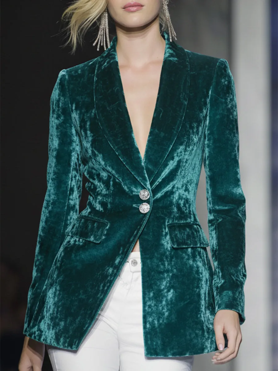 Elegant Green Diamond Velvet Button Blazer sold by Oyrosy