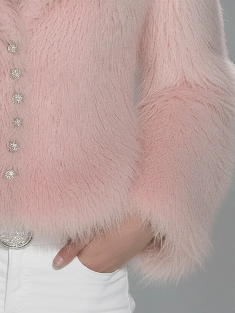 Elegant Pink Eco-friendly Fur Lapel Button Short Fur Coat sold by Oyrosy product image thumbnail 4