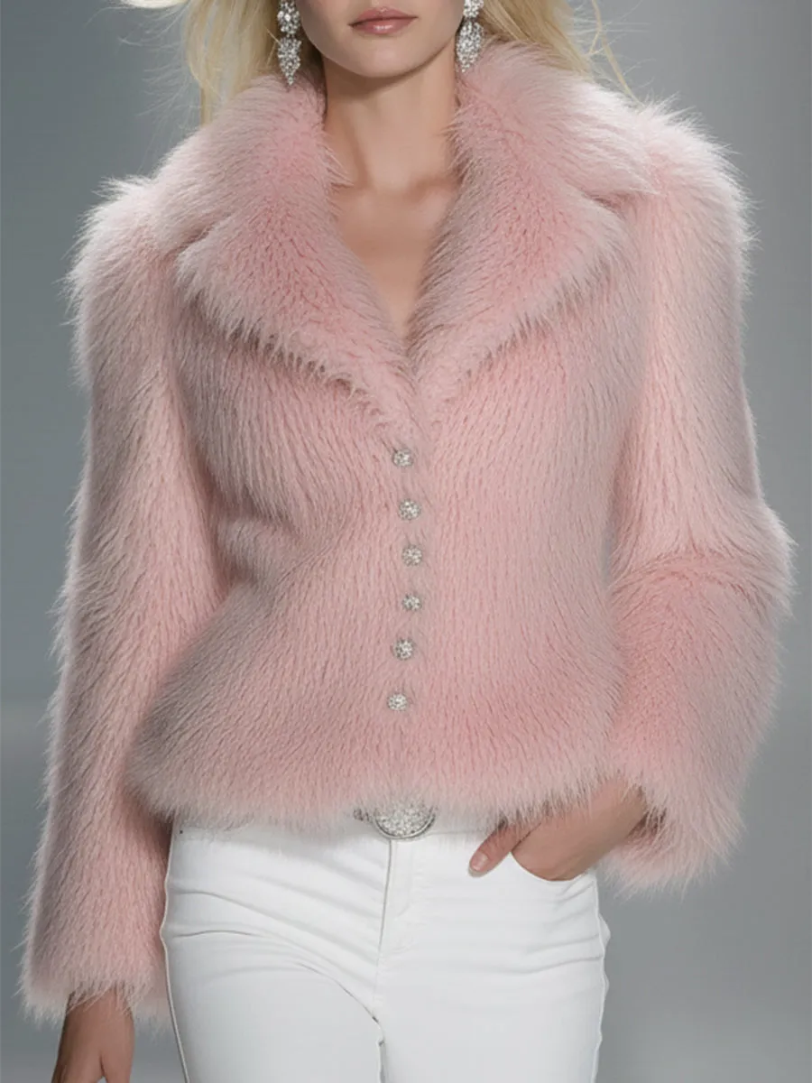 Elegant Pink Eco-friendly Fur Lapel Button Short Fur Coat sold by Oyrosy
