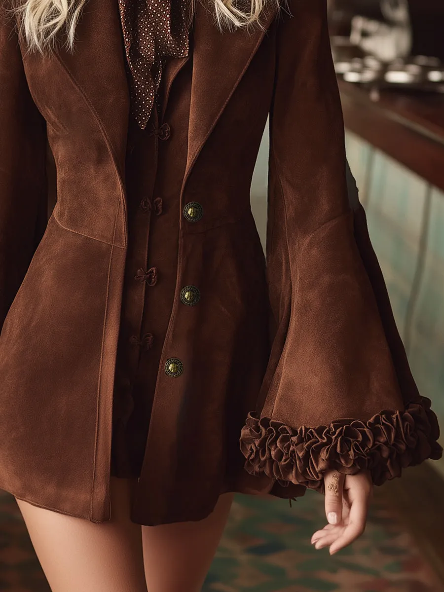 Retro Western Style Ruffled Bell Sleeve Brown Faux Suede Jacket sold by Oyrosy product image thumbnail 4