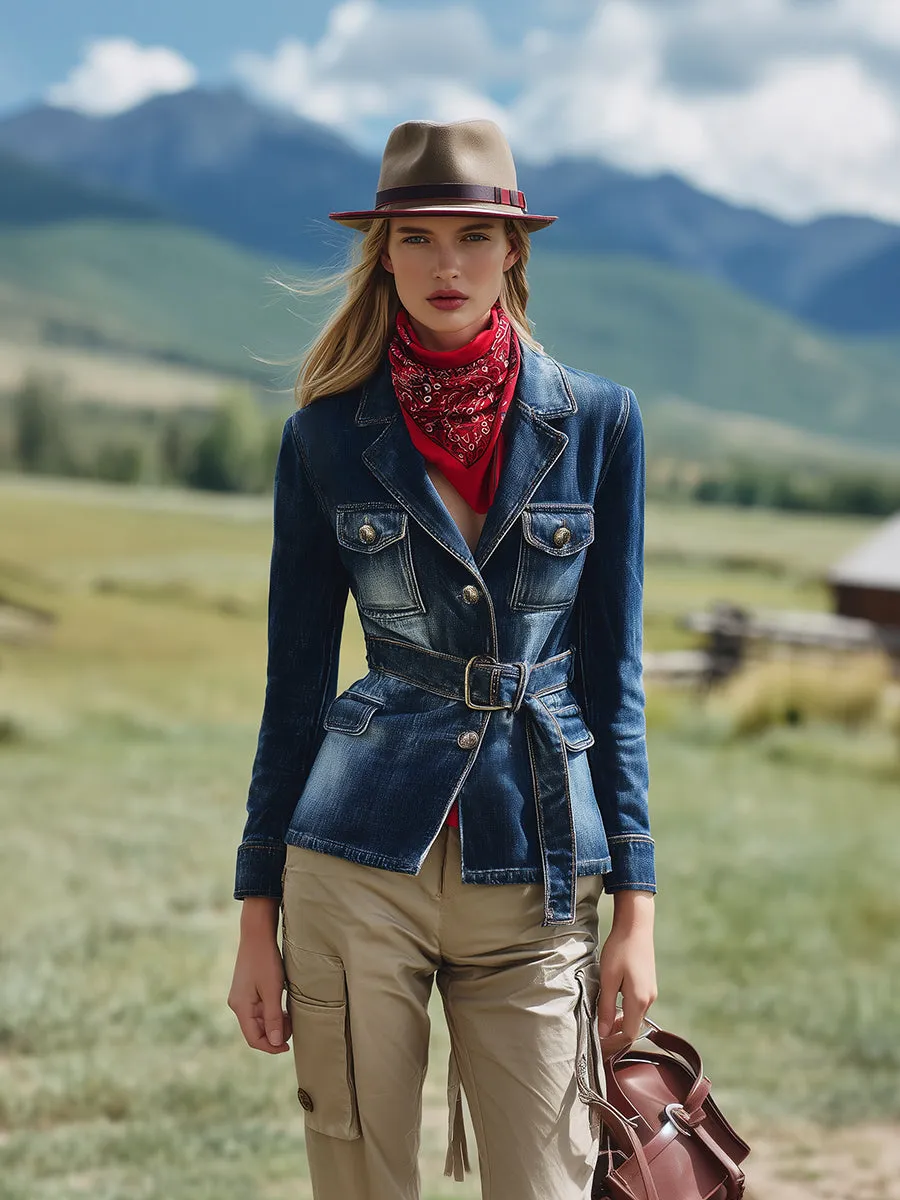 Fashionable Western Style Belt Waist Denim Blazer sold by Oyrosy product image thumbnail 2