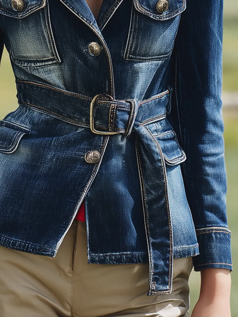 Fashionable Western Style Belt Waist Denim Blazer sold by Oyrosy product image thumbnail 4