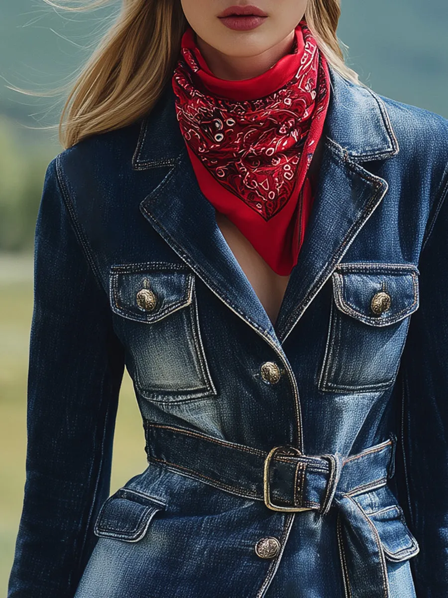 Fashionable Western Style Belt Waist Denim Blazer sold by Oyrosy product image thumbnail 3