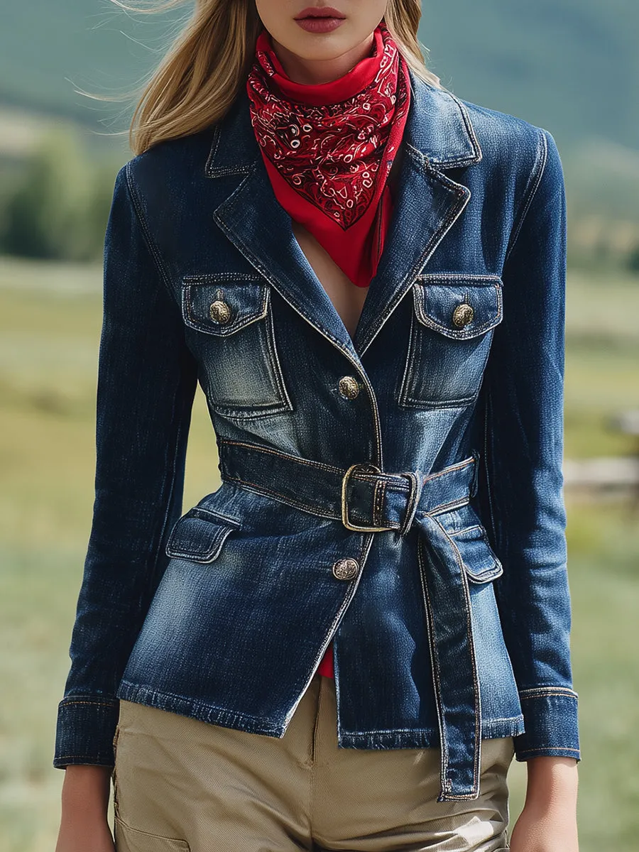 Fashionable Western Style Belt Waist Denim Blazer sold by Oyrosy