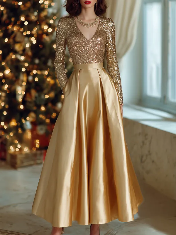 High-end Exquisite V-neck Champagne Gold Velvet Sequined Satin Skirt Maxi Dress sold by Oyrosy