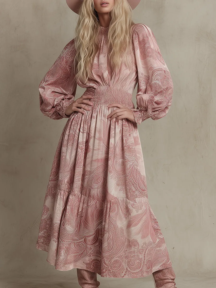 Retro Loose Print Elastic Waist Pink Velvet Midi Dress sold by Oyrosy