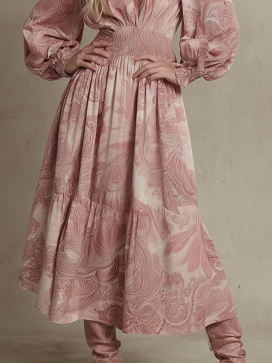 Retro Loose Print Elastic Waist Pink Velvet Midi Dress sold by Oyrosy product image thumbnail 4