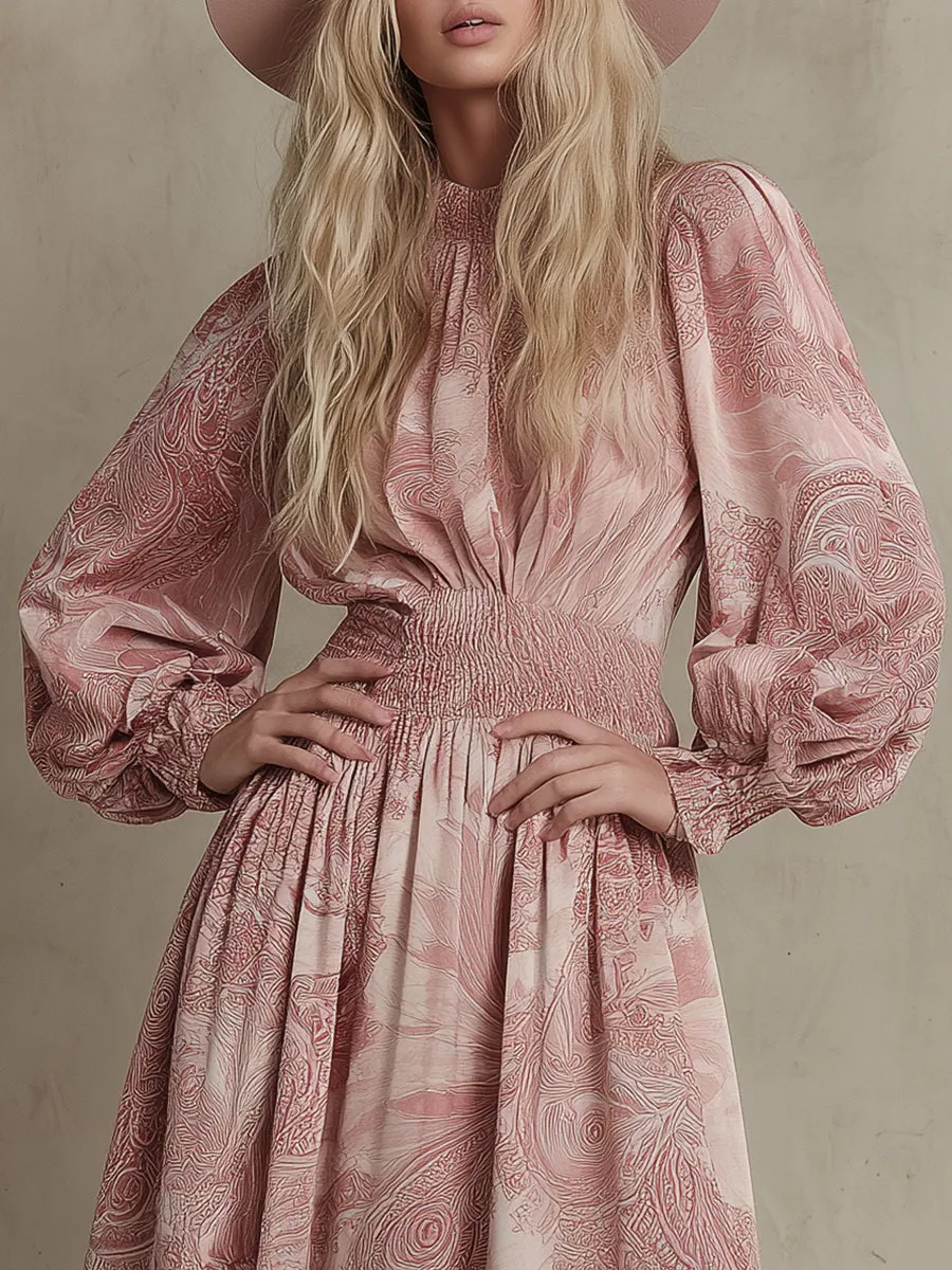 Retro Loose Print Elastic Waist Pink Velvet Midi Dress sold by Oyrosy product image thumbnail 3