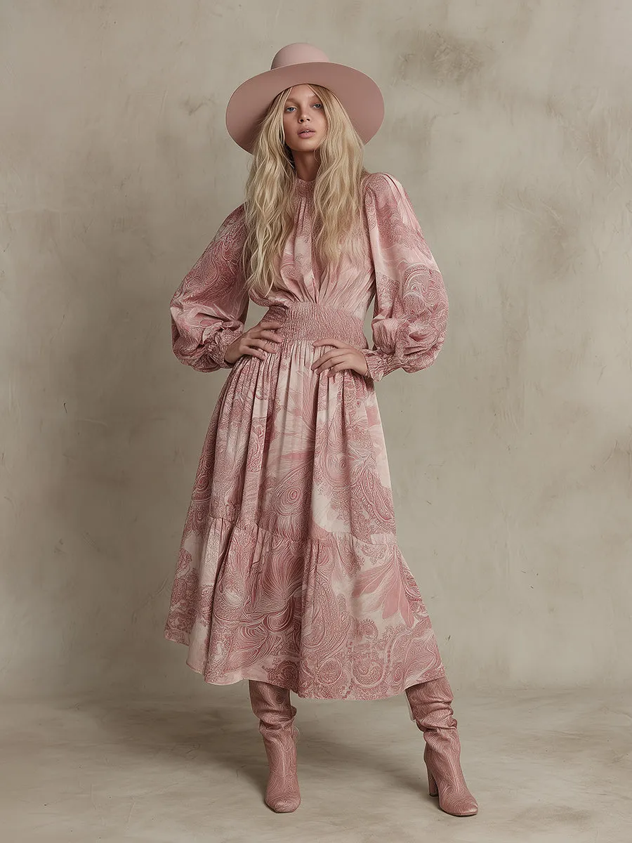 Retro Loose Print Elastic Waist Pink Velvet Midi Dress sold by Oyrosy product image thumbnail 2