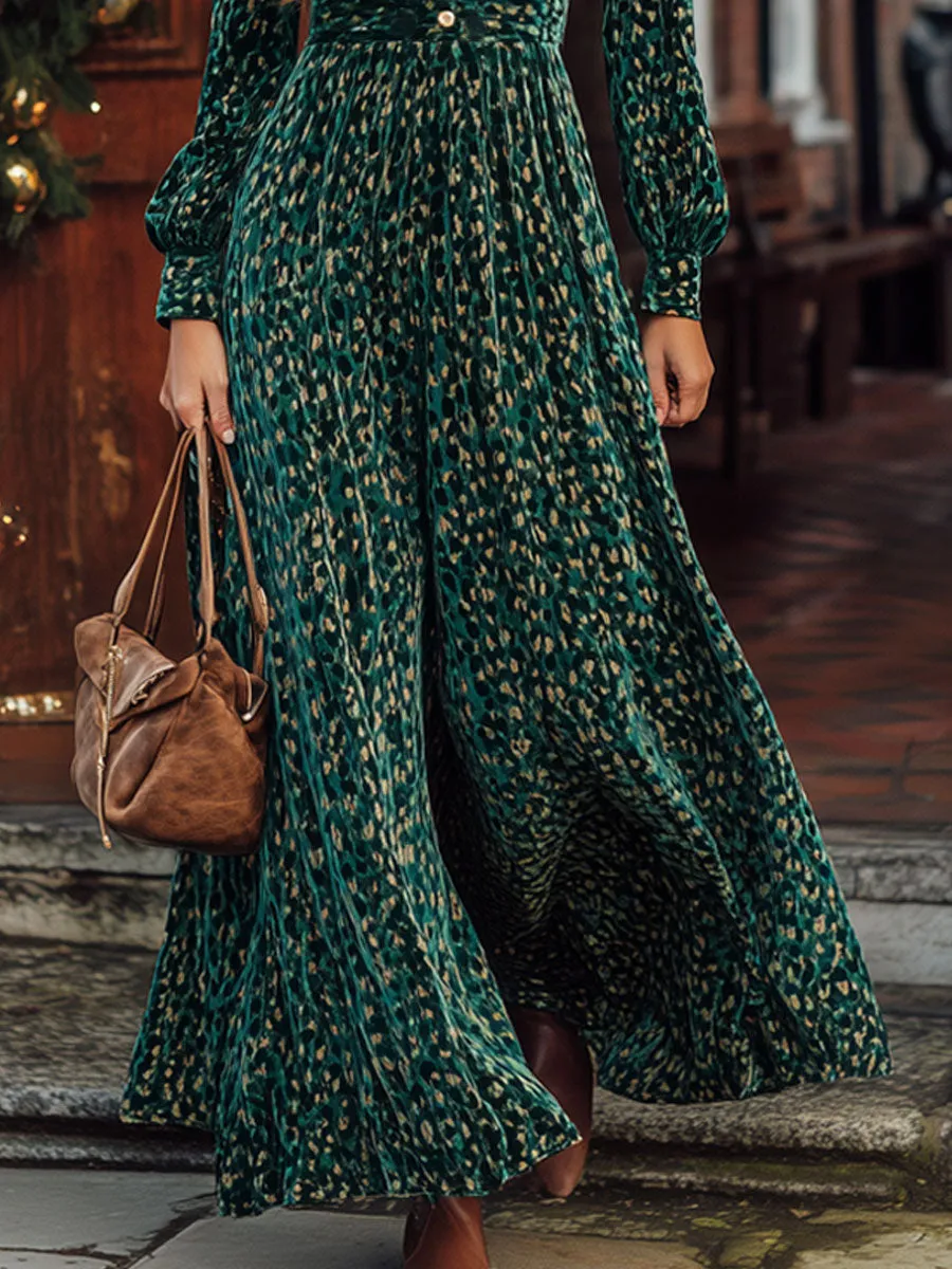 Vintage Leopard Green Velvet V-neck Long-sleeved Ruffled Maxi Dress sold by Oyrosy product image thumbnail 4
