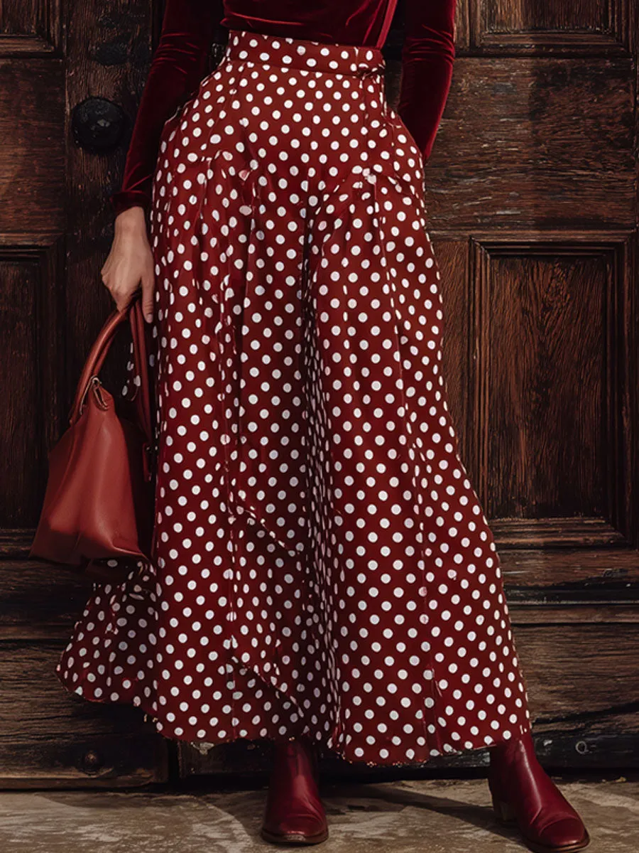 Vintage Burgundy Velvet Turtleneck Long-Sleeved T-Shirt Polka Dot Pocket Skirt Set sold by Oyrosy product image thumbnail 4