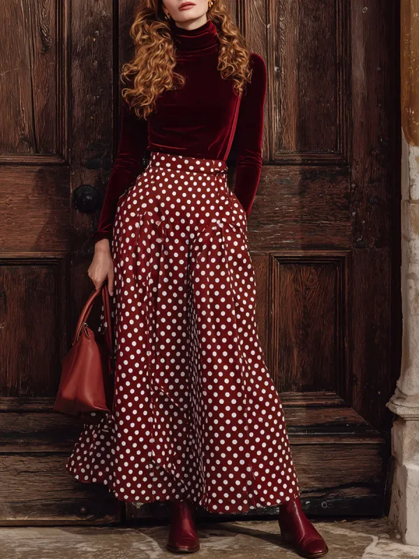 Vintage Burgundy Velvet Turtleneck Long-Sleeved T-Shirt Polka Dot Pocket Skirt Set sold by Oyrosy
