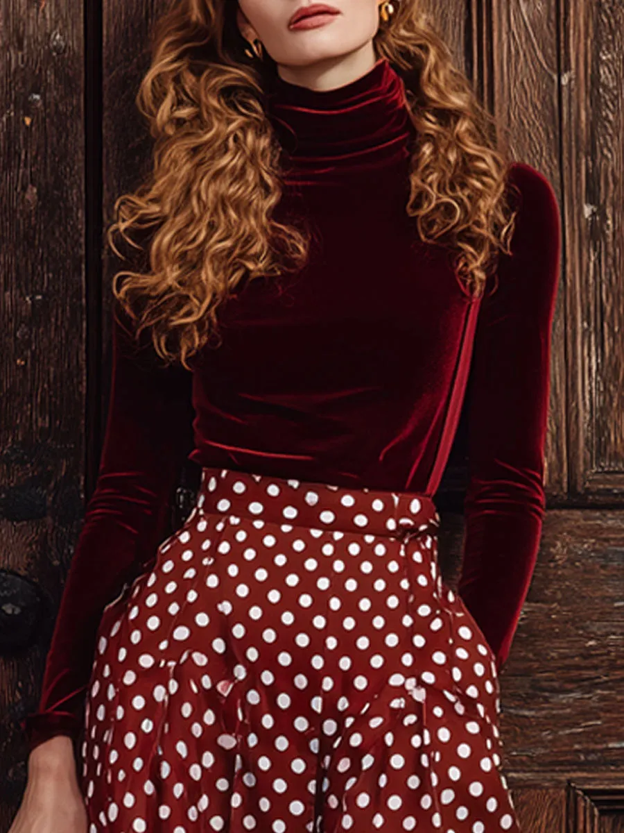 Vintage Burgundy Velvet Turtleneck Long-Sleeved T-Shirt Polka Dot Pocket Skirt Set sold by Oyrosy product image thumbnail 3
