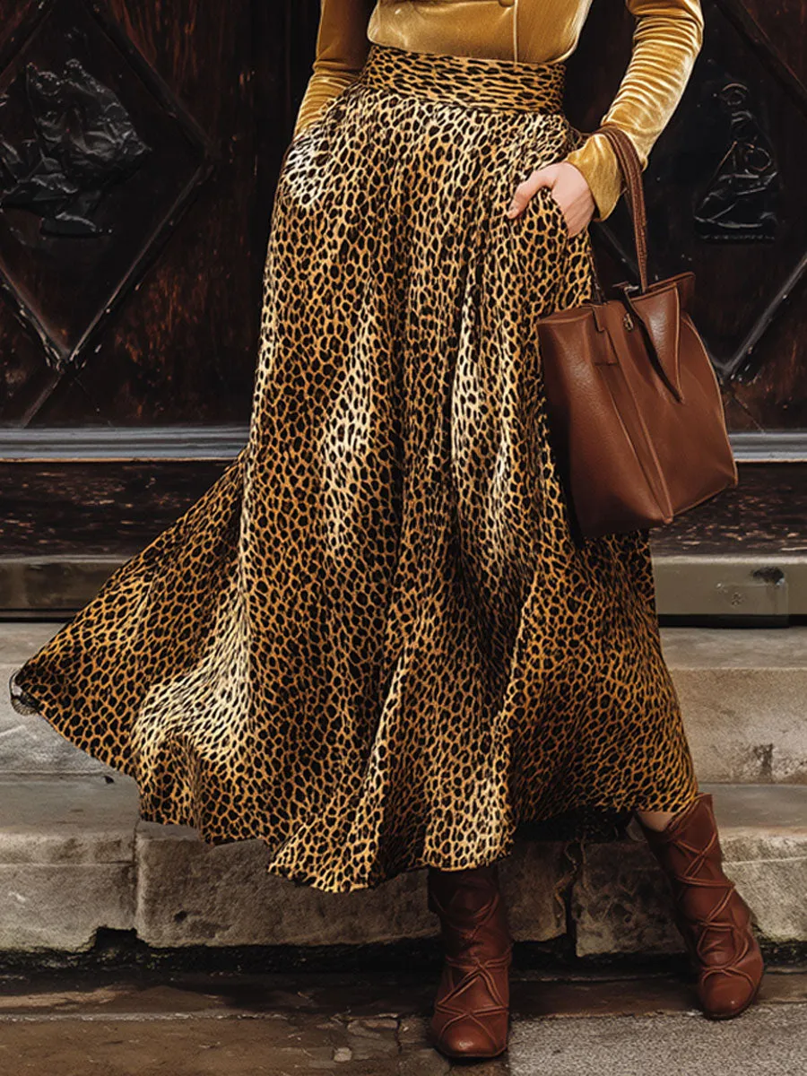 Vintage Gold Velvet V-Neck Long-Sleeved Shirt Leopard Print Pocket Skirt Set sold by Oyrosy product image thumbnail 4