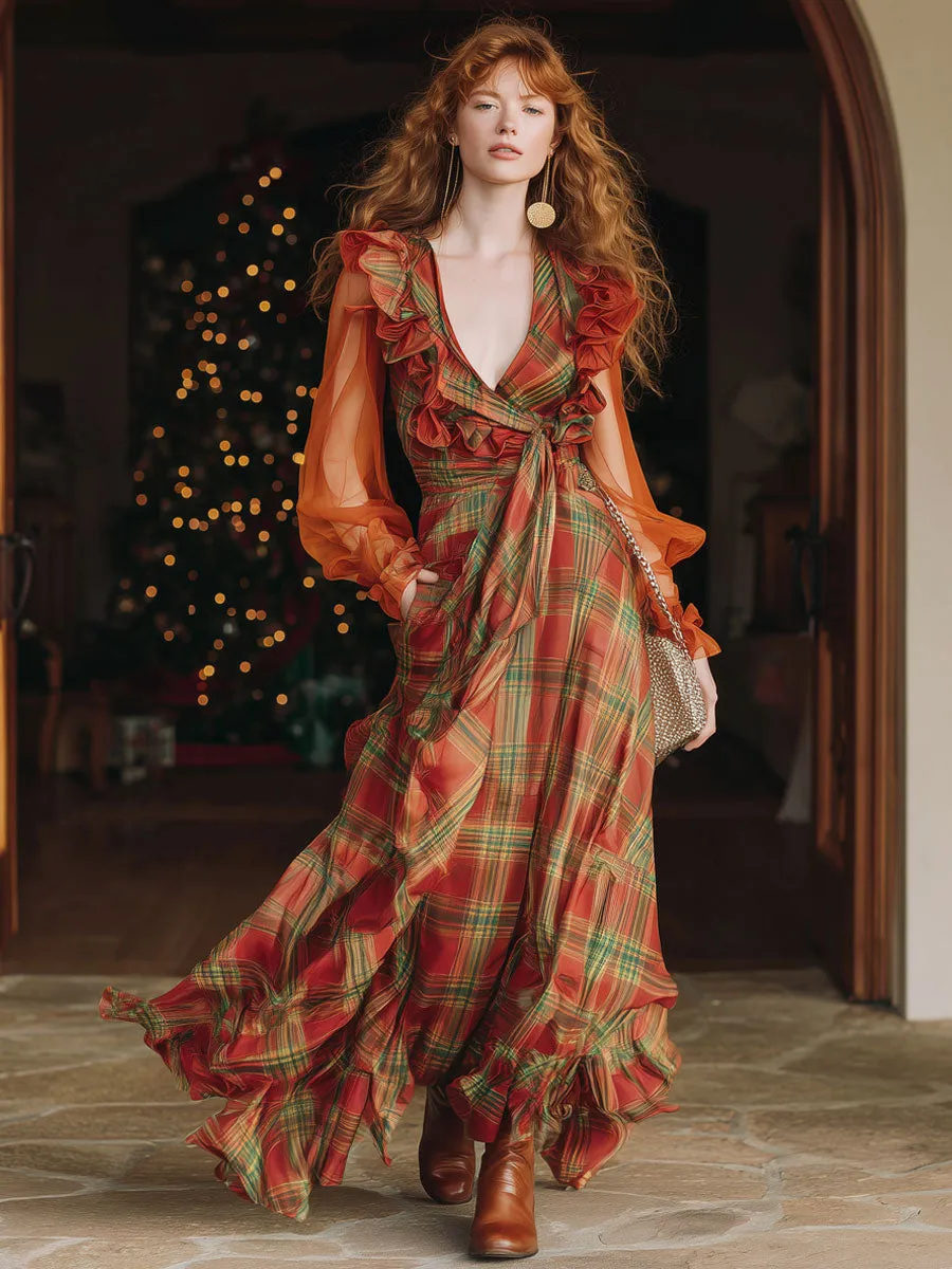 Vintage Chiffon Red And Green Plaid Long-sleeved Ruffled Maxi Dress sold by Oyrosy product image thumbnail 2