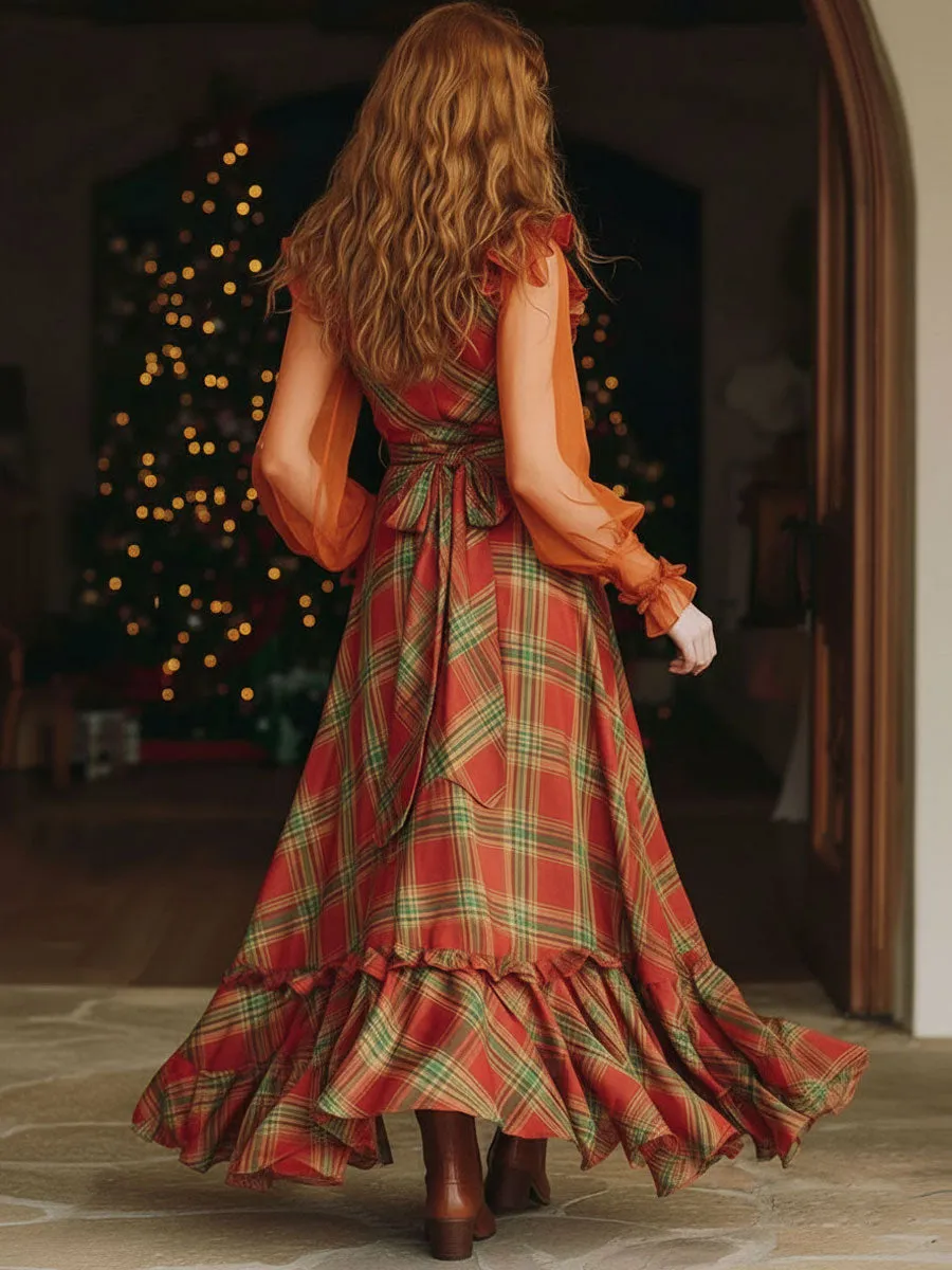 Vintage Chiffon Red And Green Plaid Long-sleeved Ruffled Maxi Dress sold by Oyrosy product image thumbnail 3