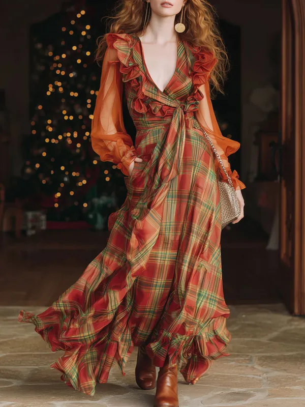 Vintage Chiffon Red And Green Plaid Long-sleeved Ruffled Maxi Dress sold by Oyrosy