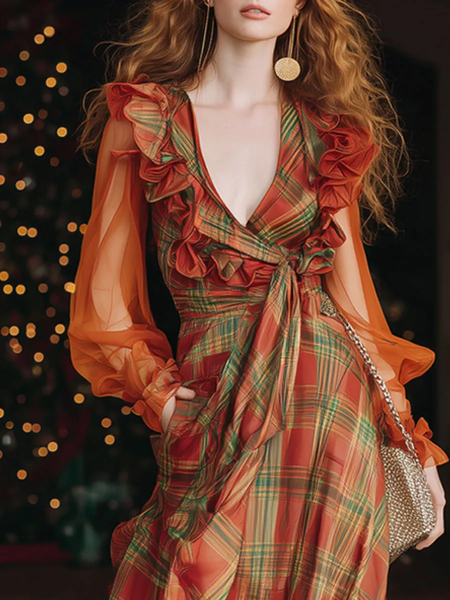 Vintage Chiffon Red And Green Plaid Long-sleeved Ruffled Maxi Dress sold by Oyrosy product image thumbnail 4
