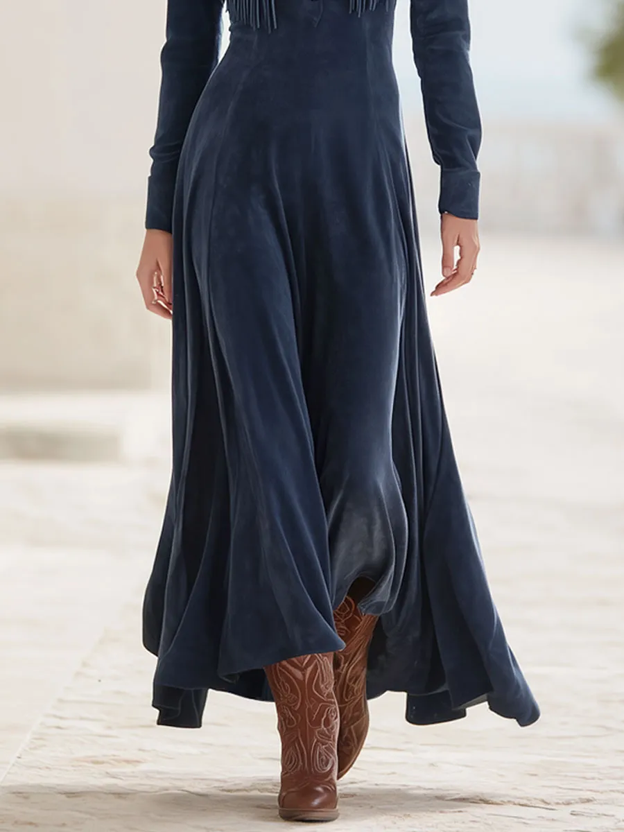 Vintage Embroidered Tassel Dark Blue Faux Suede Long-sleeved A-line Maxi Dress sold by Oyrosy product image thumbnail 4